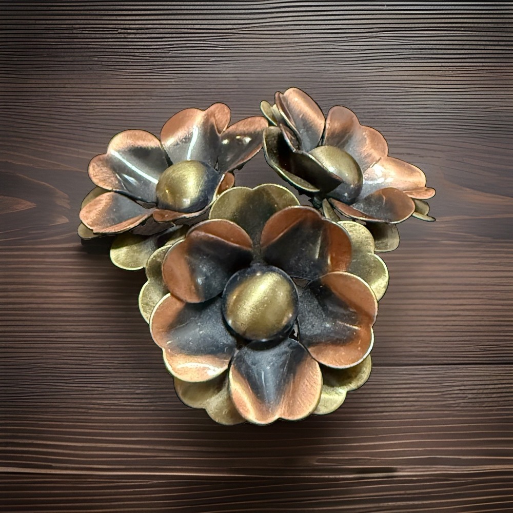 Vintage Unsigned Brooch Copper Brass 3 Flowers Large Artisan Made Pin